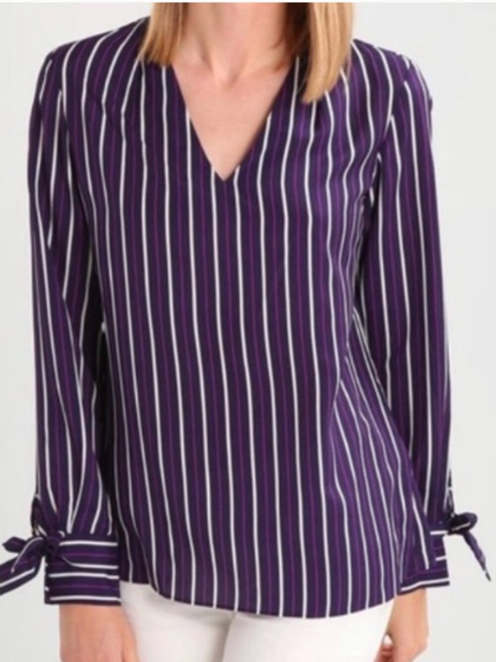 Banana Republic Striped Long Sleeve Blouse Tie Cuffs Purple V-Neck - Petite M